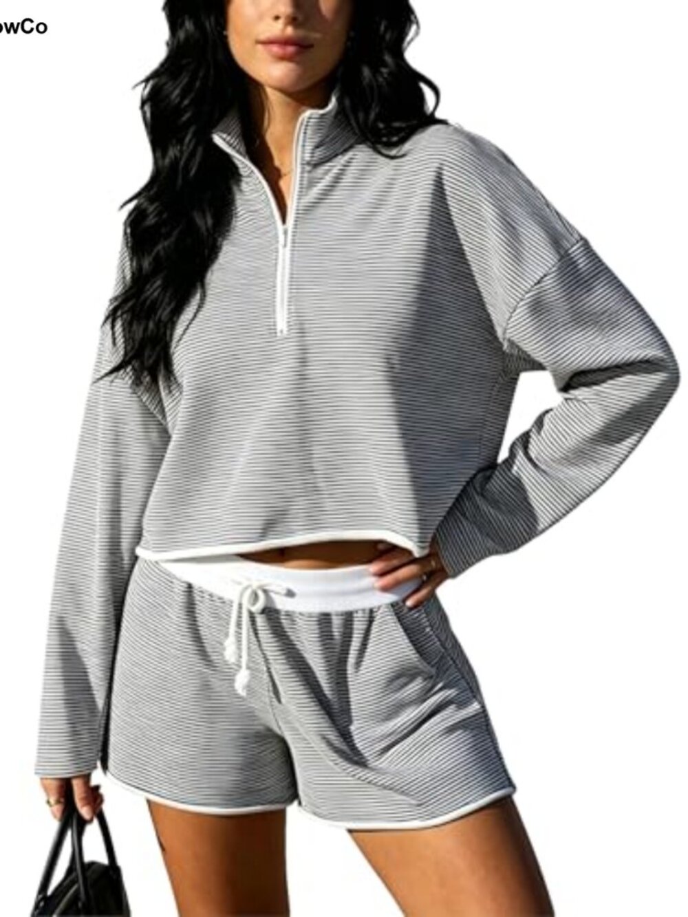 Two Piece Outfit Long Sleeve Top & Wide Leg Shorts Set Cotton Blend